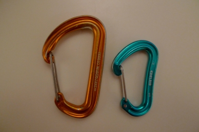 An Edelrid 19G Karabiner alongside one of my standard full size karabiners. Note the size difference!