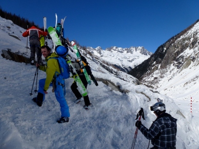 Haglfs VOJD 18 ABS Ski Pack - carrying skis on the short bootpack at the end of the Vallee Blanche.