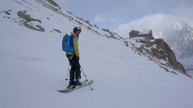 Outside the Requin Hut after skiing the classic Grand Envers route from the Aiguille du Midi, France.