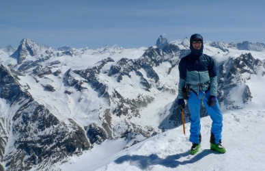 Haglfs Rando Flex Pant - great ski touring trousers. Here in use on a sunny but cold day on the summit of Pigne D'Arolla, Switzerland.