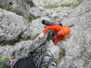 Arc'teryx Morphic Zip Neck Long Sleeve Top - great for rock climbing. Note the tougher fabric used on the forearm areas. In this photo Kev is climbing Trenke Crack on the First Sella Tower, Sella Group, Dolomites, Italy.