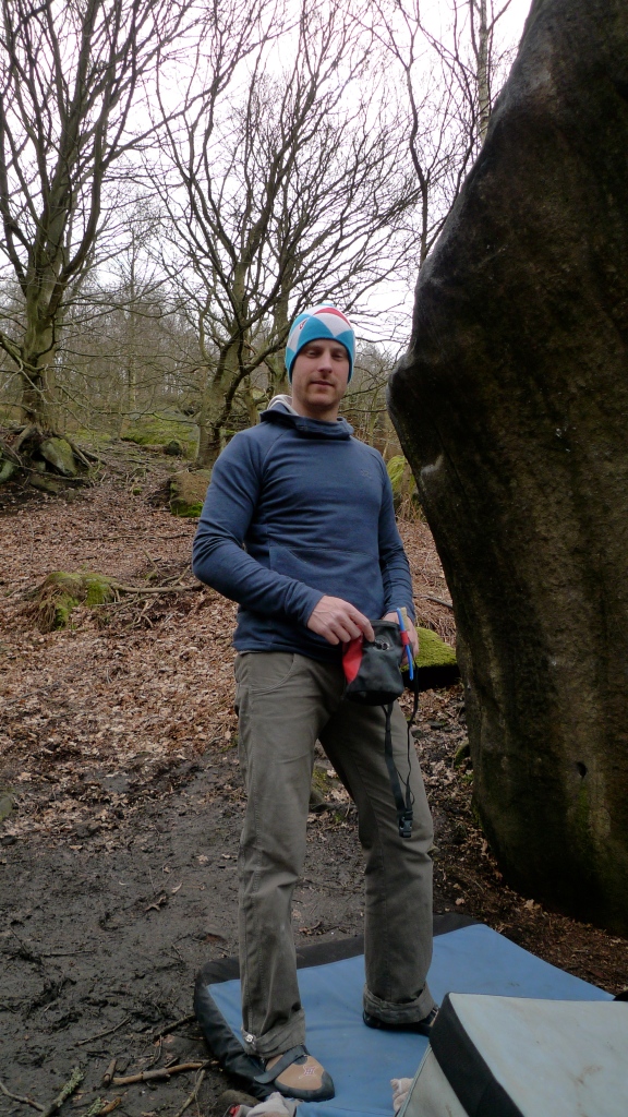 James Parkinson sporting the Arc'teryx Quiq Hoody whilst out bouldering at Caley Crag.