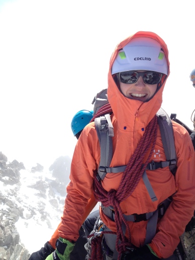 Haglfs Skarn Q Hood - a great jacket for alpine climbing. Summit of Pic De La Grave, Ecrins, France.