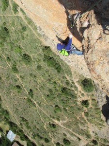 Kev using The North Face Shadow on the classic Chopper at Riglos, Spain.